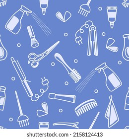 Vector Barbershop seamless pattern Illustration Professional hairdresser tools. Beauty Hairdressing salon Fashion style Comb, hair straighteners, curling tongs, scissors, hair dye brush, shaving brush