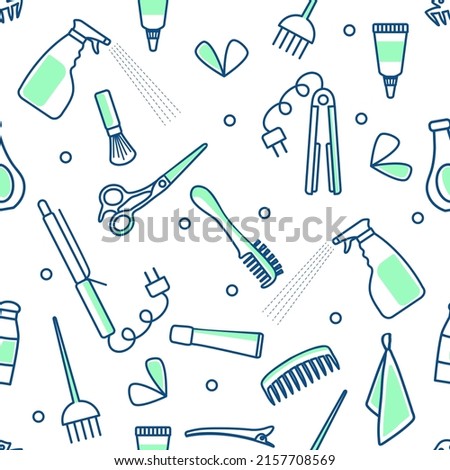 Vector Barbershop seamless pattern Illustration Professional hairdresser tools. Beauty Hairdressing salon Fashion style Comb, hair straighteners, curling tongs, scissors, hair dye brush, shaving brush
