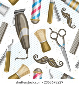 Vector Barbershop Seamless Pattern, repeating background with illustrations of barbershop equipment for wallpaper, decorative square poster with flying flat lay men beauty tools for barbershop decor