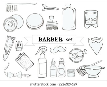Vector barbershop set with elements for styling hair and beard in line style, doodle