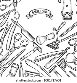 Vector barbershop vintage collection. Barber Stylist Tools set, Hand drawn hairdressers professional tools. Retro Illustration in ancient engraving style