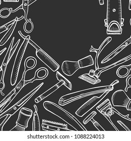 Vector barbershop vintage collection. Barber Stylist Tools set, Hand drawn hairdressers professional tools. Retro Illustration in ancient engraving style