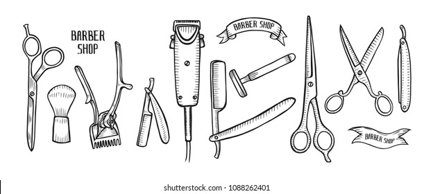 Vector barbershop vintage collection. Barber Stylist Tools set, Hand drawn hairdressers professional tools. Retro Illustration in ancient engraving style