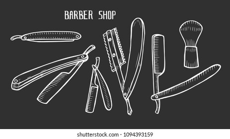Vector barbershop vintage collection. Barber Stylist Tools set, Hand drawn hairdressers professional tools. Retro Illustration in ancient engraving style Isolated on black