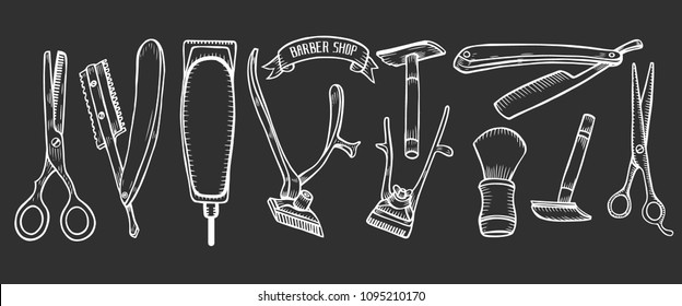 Colección vintage vectorial barbershop. Barber Stylist Tools set, peluqueros dibujados a mano herramientas profesionales. Ilustración retro en estilo de grabado antiguo Aislado en negro