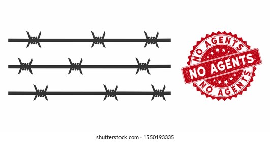 Vector barbwire fence icon and corroded round stamp seal with No Agents caption. Flat barbwire fence icon is isolated on a white background. No Agents stamp seal uses red color and grunge surface.