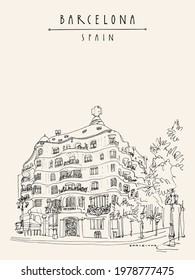 Vector Barcelona, Catalonia, Spain postcard. Magnificent street corner. Travel sketch. Hand drawn vintage touristic poster, book illustration