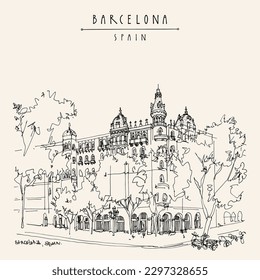 Vector Barcelona, Catalonia, Spain touristic postcard. Beautiful architecture near Placa Catalunya. Retro style ravel sketch art drawing. Hand drawn vintage touristic postcard, poster, artistic print
