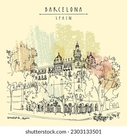 Vector Barcelona, Catalonia, Spain touristic postcard. Beautiful architecture near Placa Catalunya. Travel sketch drawing in retro style. Hand drawn vintage touristic postcard, poster, artistic print
