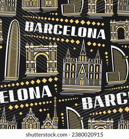 Vector Barcelona Seamless Pattern, square repeating background with illustration of famous european barcelona city scape on dark background, decorative line art urban poster with white text barcelona