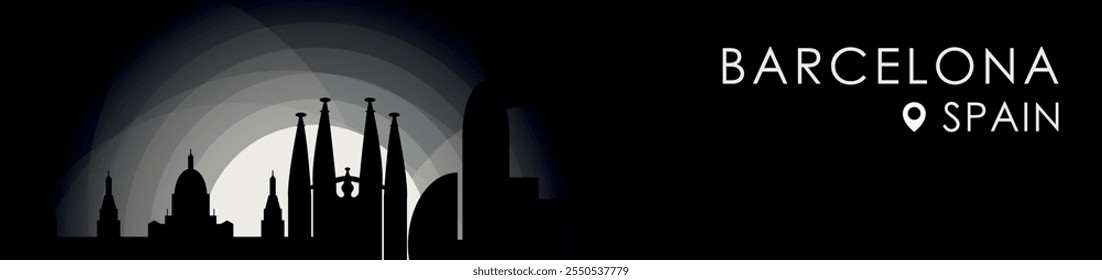 Vector Barcelona, Spain cityscape banner. Black and white placard profile picture for header, footer