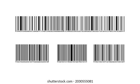 Colección de códigos de barras vectores, líneas y números negros, colección de marcas aisladas en fondo blanco, conjunto de iconos, códigos de barras largos y cortos.