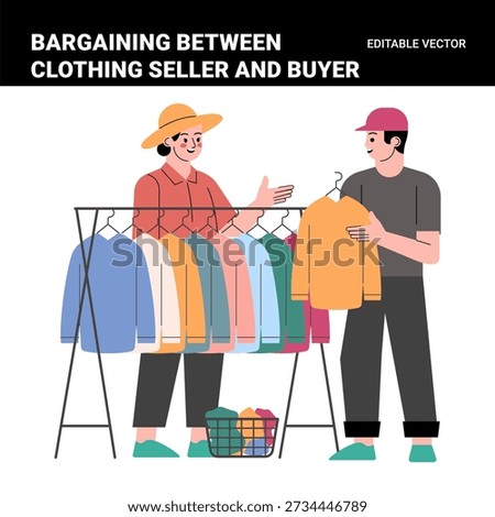 Vector Bargaining Between Clothing Seller and Buyer Illustration Showing Market Negotiation and Retail Interaction