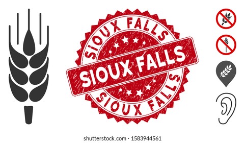 Vector barley ear icon and grunge round stamp seal with Sioux Falls phrase. Flat barley ear icon is isolated on a white background. Sioux Falls stamp seal uses red color and grunge texture.