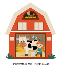 Vector barn icon with girl milking cow inside isolated on white background. Flat farm shed illustration. Cute red woodshed with windows and hen in the nest. Rural or garden outhouse picture
