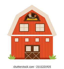 Vector barn icon isolated on white background. Flat farm shed illustration. Cute red woodshed with windows and hen in the nest. Rural or garden outhouse picture
