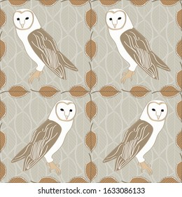 Vector Barn Owls with Brown Leaves on Beige Background Seamless Repeat Pattern. Background for textiles, cards, manufacturing, wallpapers, print, gift wrap and scrapbooking.