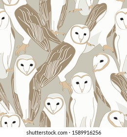 Vector Barn Owls on Taupe Background Seamless Repeat Pattern. Background for textiles, cards, manufacturing, wallpapers, print, gift wrap and scrapbooking.