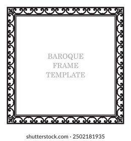 Vector baroque black square border frame. Template. Isolated on white background.