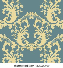 Vector Baroque floral damask ornament pattern. Elegant luxury texture for textile, fabrics or wallpapers backgrounds. Gold cream and blue color