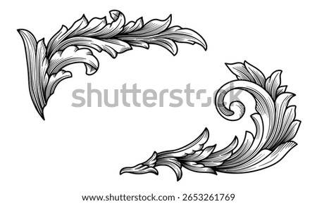 Vector baroque floral engraved scroll ornament leaf retro decorative design. Victorian arabesque pattern, corner border frame art deco element