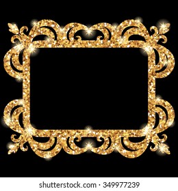 Vector baroque frame silhouette with gold glitter stars, lights, sparkles isolated on background