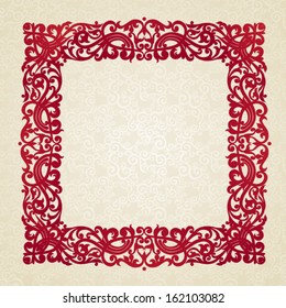 Vector baroque frame in Victorian style. Element for design. You can place the text in an empty frame. It can be used for decorating of invitations, greeting cards, decoration for bags and clothes.