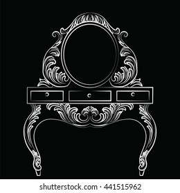 Vector Baroque furniture Dressing Table and Round mirror frame. French Luxury rich carved ornaments furniture. Victorian Royal Style furniture. Black background