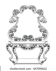 Vector Baroque furniture Dressing Table and mirror frame. French Luxury rich carved ornaments. Victorian Royal Style ornamented set