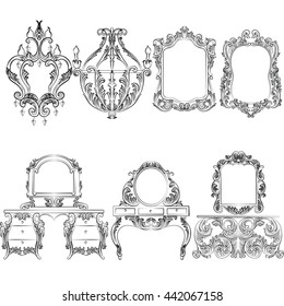 Vector Baroque furniture set. French Luxury rich carved ornaments furniture.Victorian Royal Style furniture. Black color
