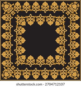 Marco de rollos de oro barroco y oriental de Vector sobre un fondo negro. 3 cepillos del modelo en una plataforma del cepillo para la bufanda y las alfombras