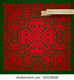 Vector baroque ornament in Victorian style. Green background and red element for design. It can be used for decorating of invitations, greeting cards, decoration for bags and clothes.
