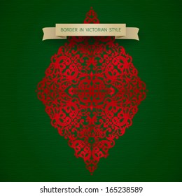 Vector baroque ornament in Victorian style. Green background and red element for design. It can be used for decorating of invitations, greeting cards, decoration for bags and clothes.