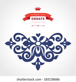 Vector baroque ornament in Victorian style and hipster badge. Ornate element for design. Toolkit for designer. Decorating of invitations, greeting cards, decoration for bags and clothes. 