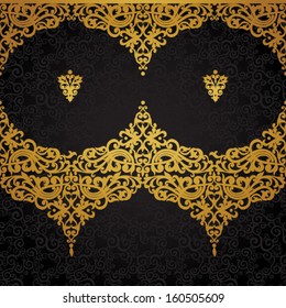 Vector baroque seamless border in Victorian style. Golden frieze on dark background. Element for design. It can be used for decorating of invitations, greeting cards, decoration for bags and clothes.