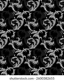Vector baroque seamless pattern. Ornament with silver filigree  floral flourish on black background. Metal rich vintage texture