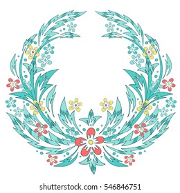 Vector baroque style design with flowers and leaves. Victorian vintage style hand drawn illustration, floral composition in green, red and pastel colors
