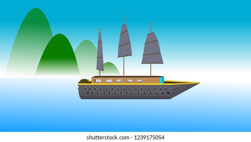 
Vector barque, at sea with mountains