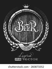 Vector barrel of beer with wheat wreath drawn on the chalkboard. Eps10. Transparency used. RGB. Global colors. Gradients free. Each elements are grouped separately