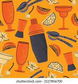 Vector bartender equipment seamless pattern. Vector orange bright illustration