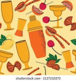 Vector bartender equipment seamless pattern. Vector orange bright illustration