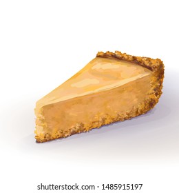 Vector base piece of pumpkin cheesecake cake with tender, delicate creamy-curd cheese. Crisp and crumbly cake with back, appetizing, realistic, homemade cakes, hand drawn. Tasty and healthy, delicious