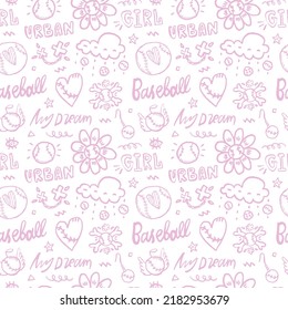 Vector baseball background, seamless sports pattern for textile. Girly design.