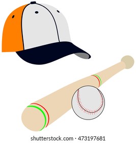 vector baseball ball and bat and cap