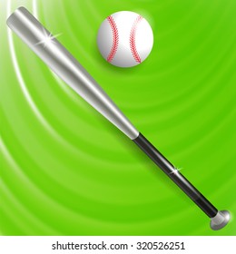 Vector Baseball Bat and Ball Isolated on Green Wave Background