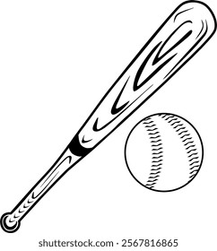 Vector baseball and bat, drawn with simple black lines, ready to color.