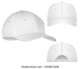 Vista frontal, trasera y lateral de la tapa de béisbol vectorial. Una camioneta aislada en un fondo transparente. Tapa uniforme con vista frontal, trasera y derecha. Isolación de ilustraciones vectoriales en fondo blanco.