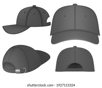 Vector baseball cap front and side view. Mockup isolated on transparent background. Uniform cap with front, back and right side view. Isolated vector illustrations set on white background.
