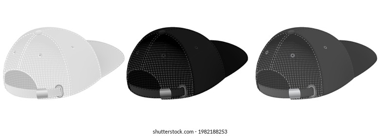 Vector baseball cap front and side view. Mockup isolated on transparent background. Uniform cap with front, back and right side view. Isolated vector illustrations set on white background.