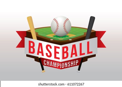 Vector of baseball championship badge design with field background.